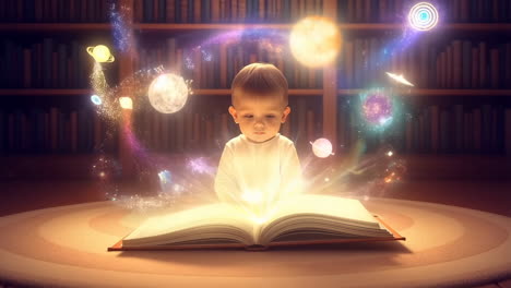 child discovers the universe through a magical book in a library