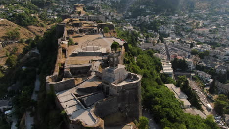 drone shot 4k of clock of gjirokastra castlegjirokastra castle is a castle in gjirokastra, albania