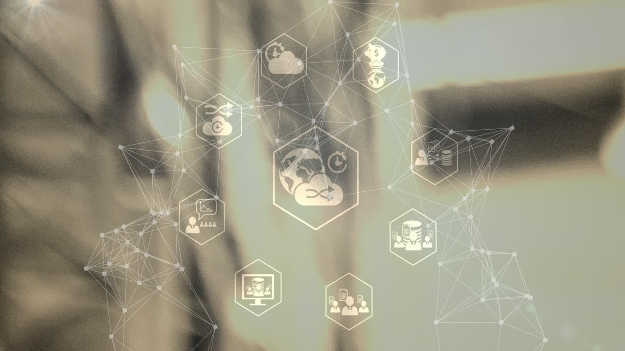 흐릿한 배경 위에 아이콘으로 연결 네트워크의 애니메이션