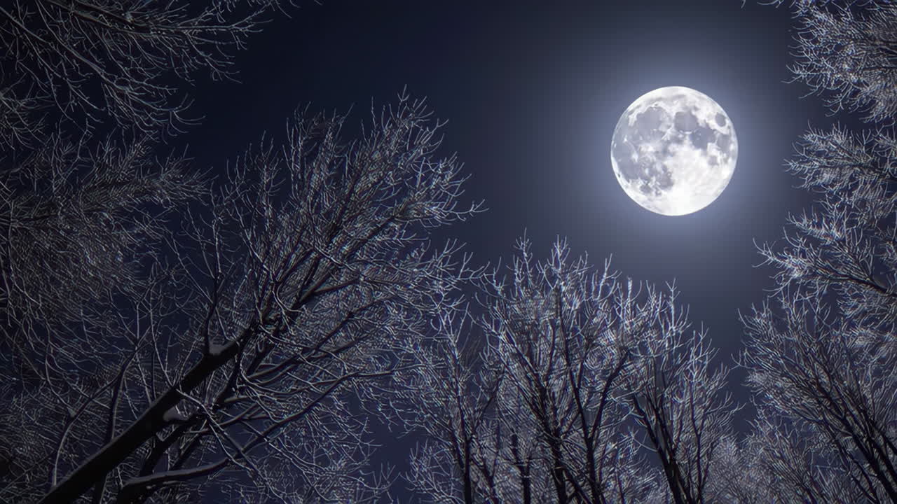 Full Moon over a Snowy Forest at Night