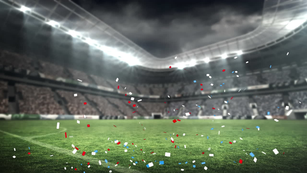 animación de confeti azul y rojo cayendo sobre el estadio deportivo