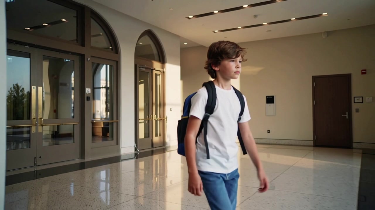 Studente in maglietta bianca e jeans blu che si muove, camminando attraverso l'atrio verso il corridoio, con zaino e porte a vetri