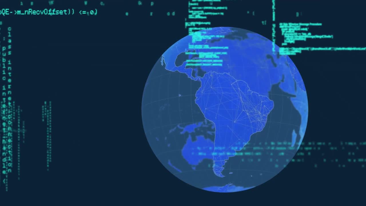 Animation of data processing and networks of connections over navy background