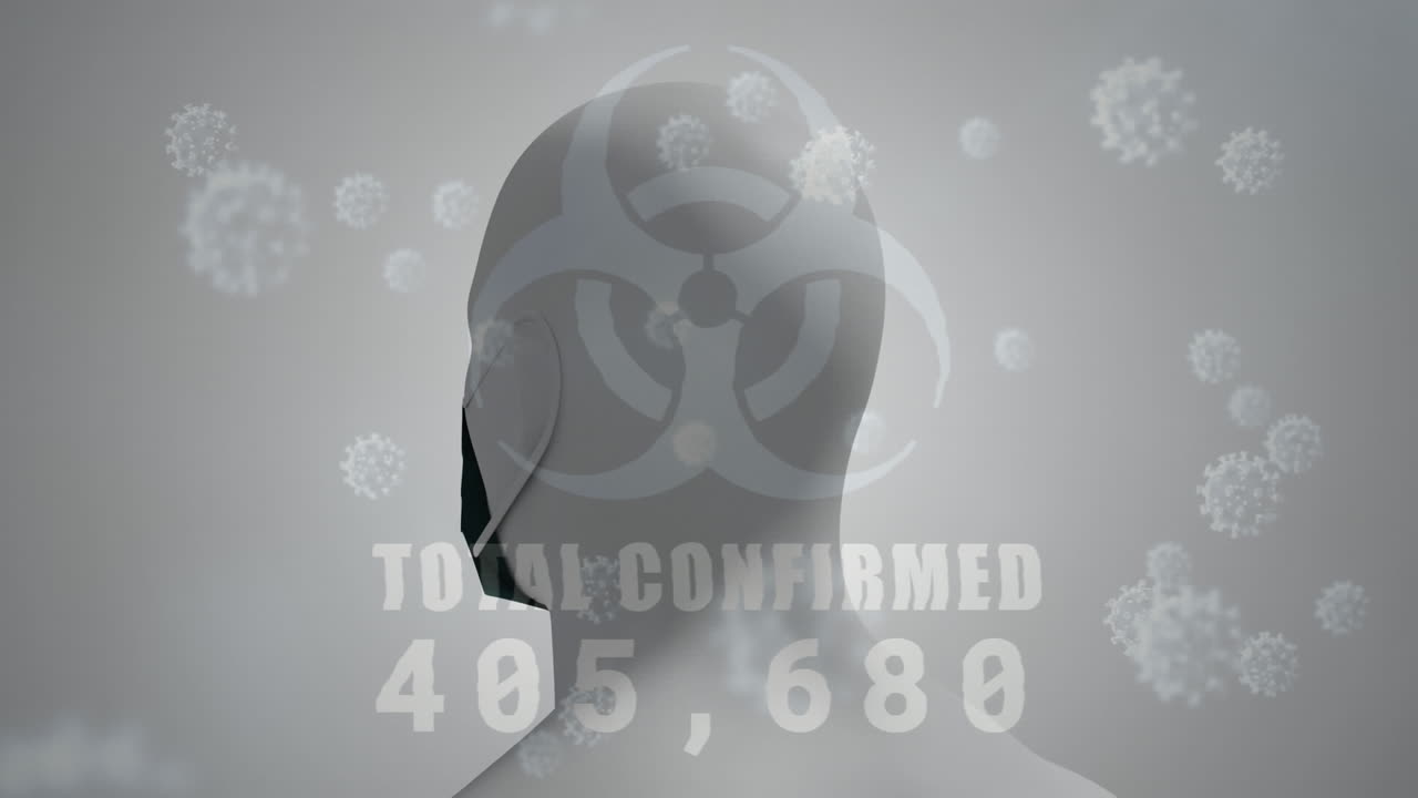 전체 확진자 수가 증가하고 매크로 코로나19 세포가 3개 이상 떠다니는 위험 신호의 애니메이션