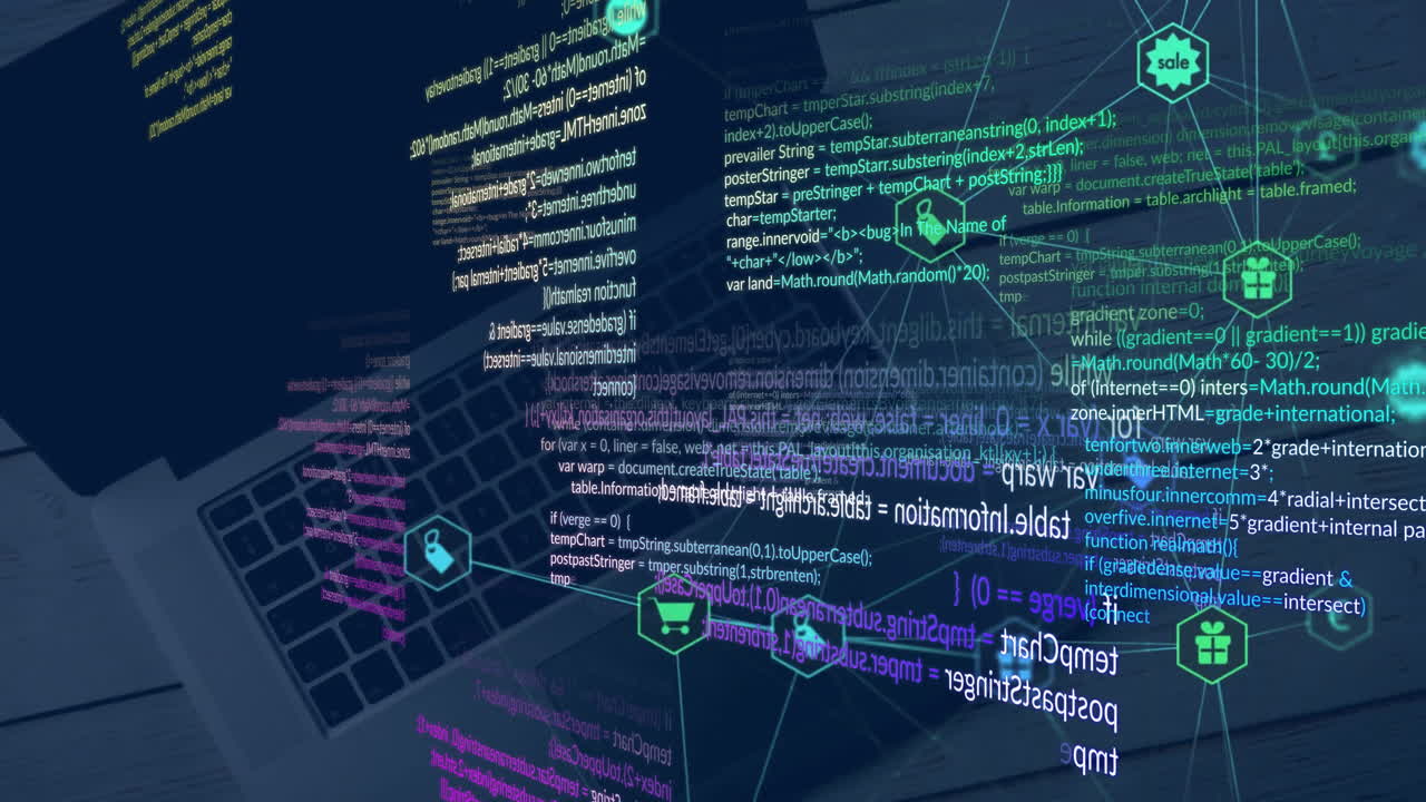 검은색 바탕에 소매 사업 아이콘 네트워크를 통해 데이터 처리의 애니메이션