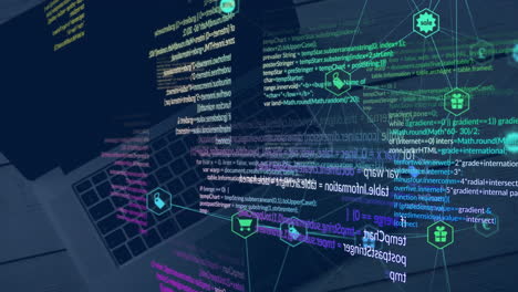 animación del procesamiento de datos a través de la red de iconos de negocios minoristas en fondo negro