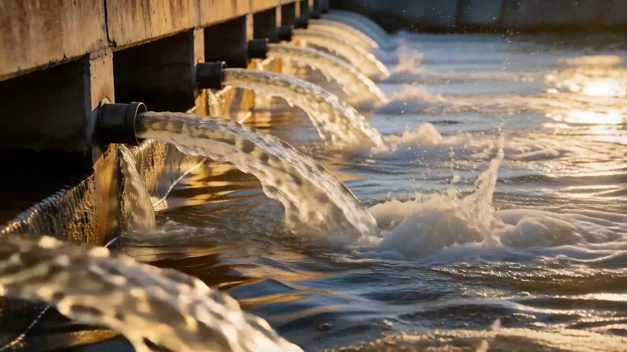 Acqua rilasciata da tubi di scarico metallici, formando veli costanti e increspature attraverso il bacino all'alba.