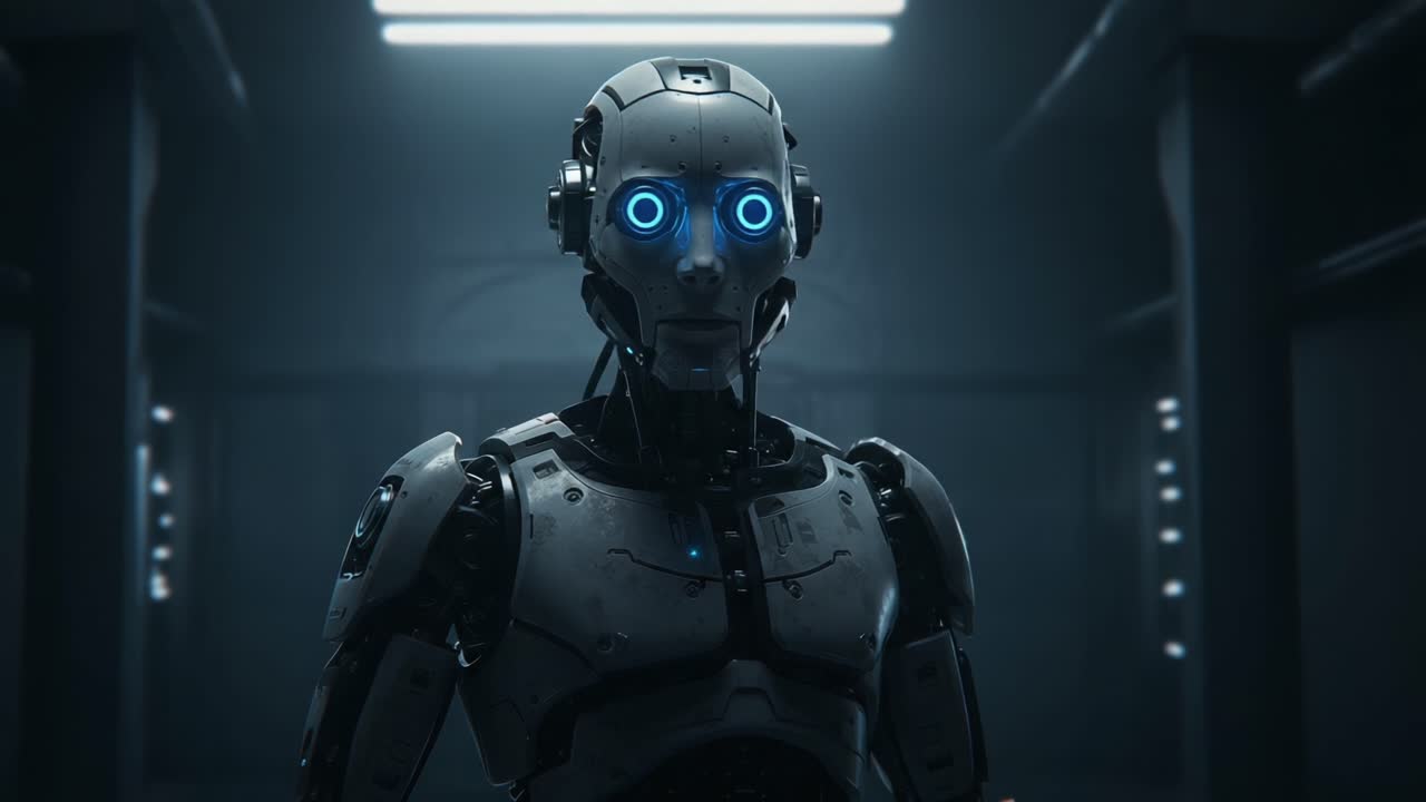 A futuristic robot stands in a dimly lit corridor, showcasing advanced artificial intelligence with glowing blue eyes, emphasizing the intricate design of robotics and technology