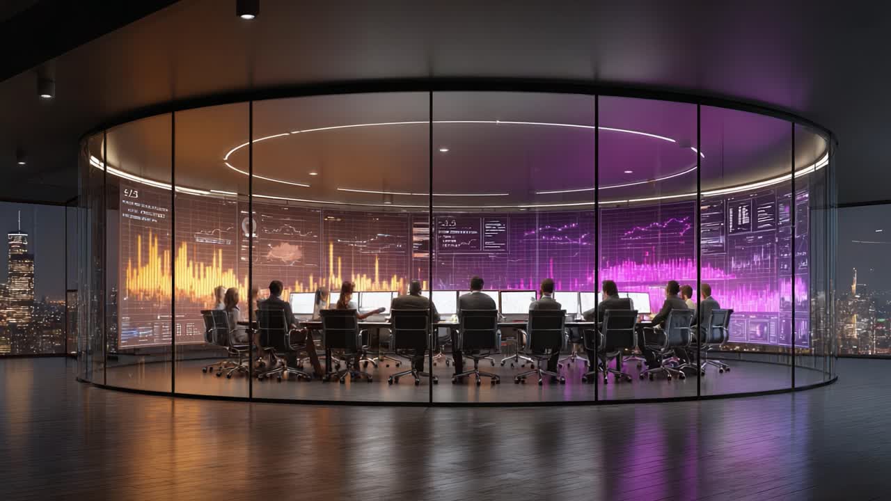A Modern Conference Room with Data Visualizations: Professionals Collaborating on Analytics and Strategy in a High-Tech Environment with City Views