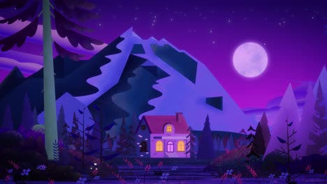 a cute purple brick house with a ceramic tile roof in a fabulous purple-blue coniferous forest. the pale moon behind the frightening rock dimly illuminates the fabulous landscape.