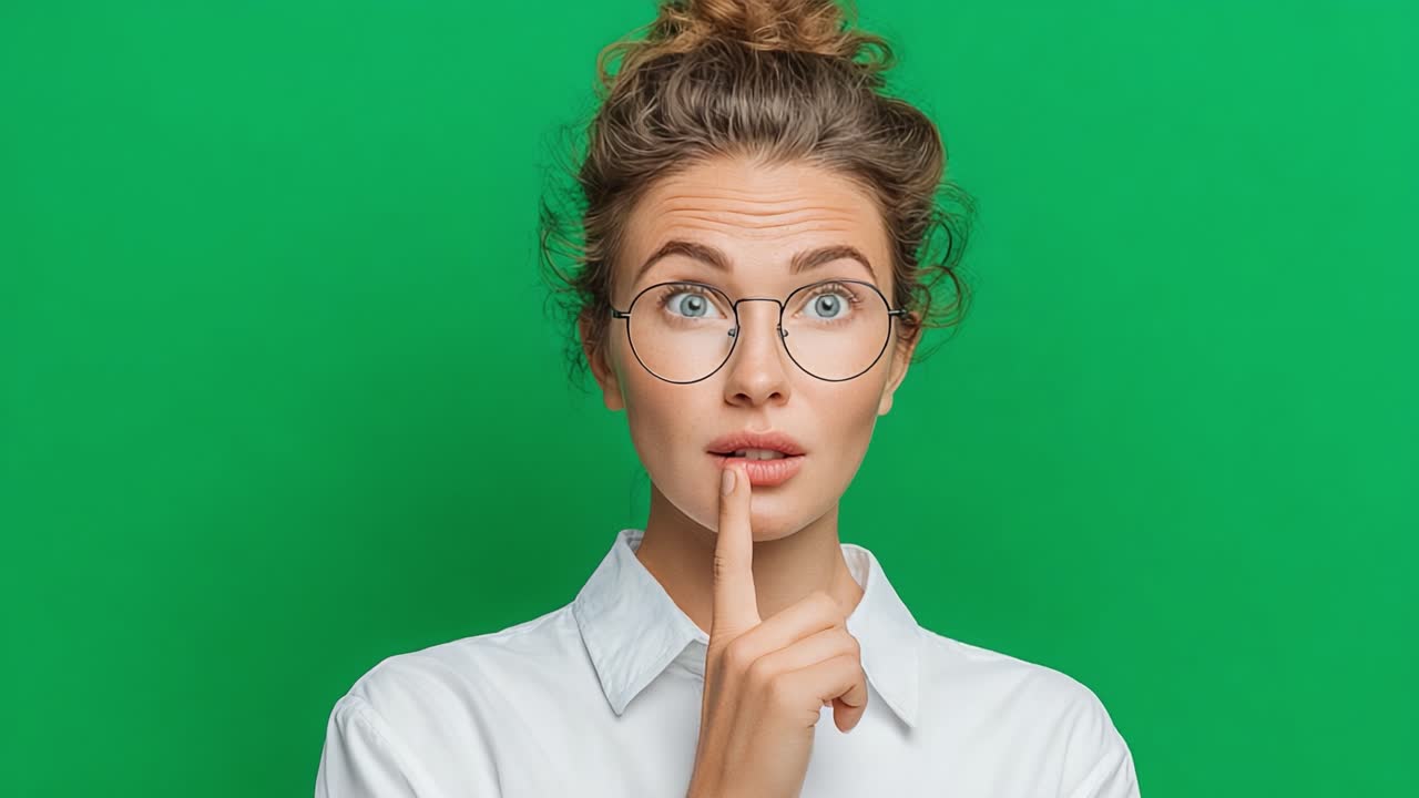Una joven con gafas hace un gesto de silencio con un dedo en los labios sobre un fondo verde brillante, transmitiendo una sensación de misterio y anticipación.
