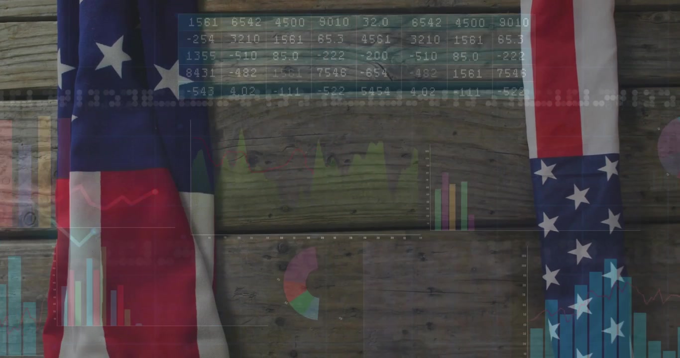 Apertura con due bandiere americane appese, tavolo che svanisce, grafici che appaiono, svanendo e visualizzando dati.