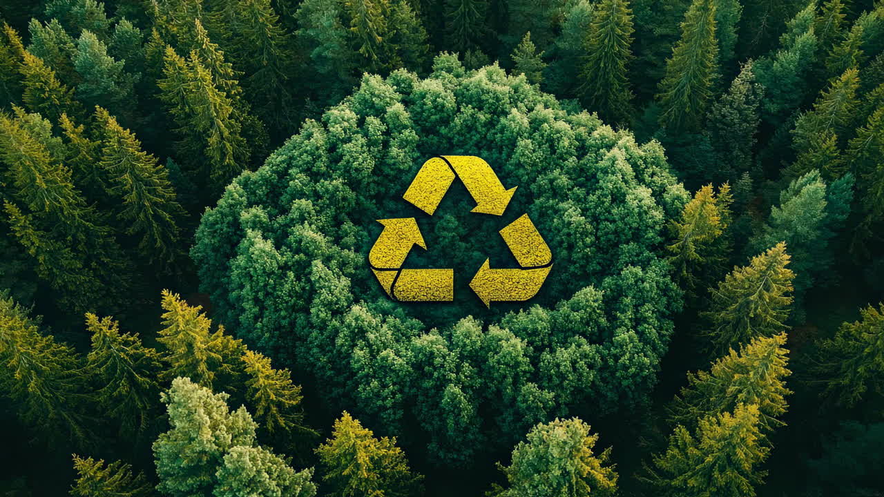 Aerial view of yellow recycling symbol in forest. Top down view of a yellow triangular recycling icon placed in the center of a dense green forest
