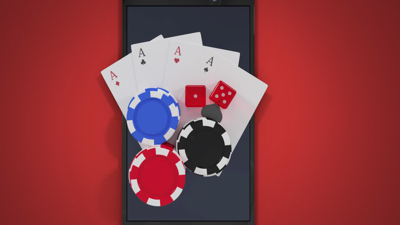 Animazione di fiches da casinò, dadi e carte da gioco su uno smartphone