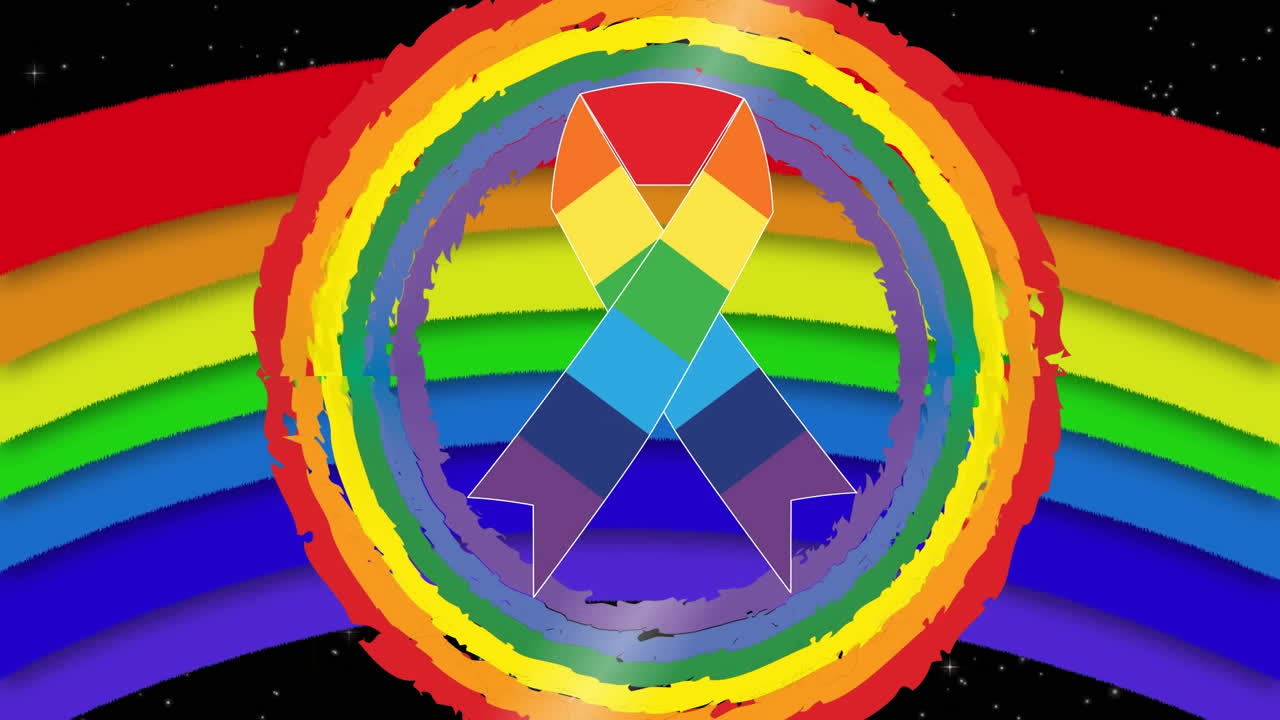 무지개 배경 위에 무지개 리본의 애니메이션