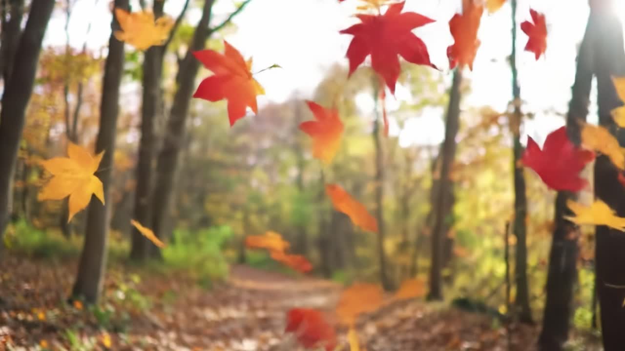 A Serene Autumn Stroll Through a Forest Pathway Adorned with Colorful Falling Leaves, Embracing the Tranquility and Beauty of the Fall Season.