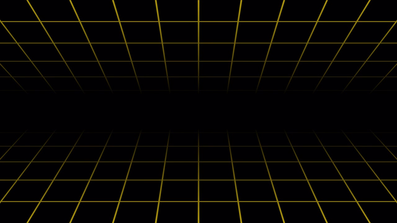 Retro Futuristic Yellow Grid Moving in Perspective on Black Background