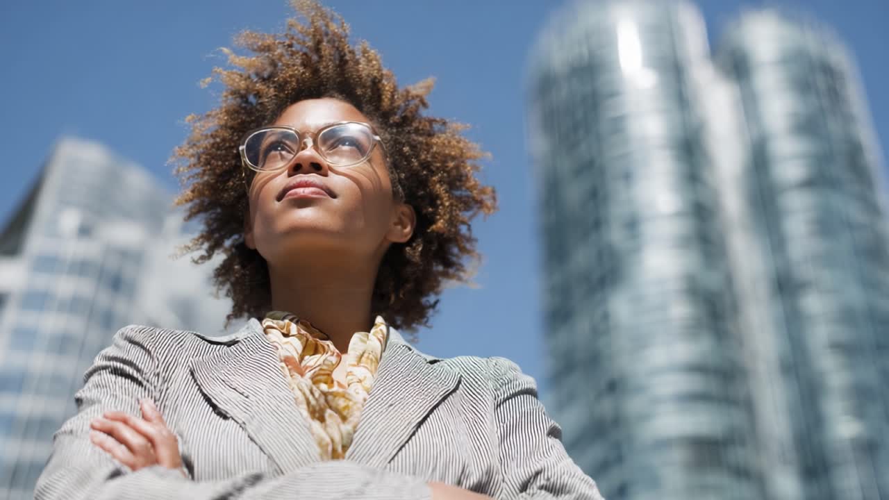 A Confident Professional Woman Standing Tall Against a Modern Urban Skyline, Exuding Strength and Determination with Her Arms Crossed, Embracing Her Authenticity