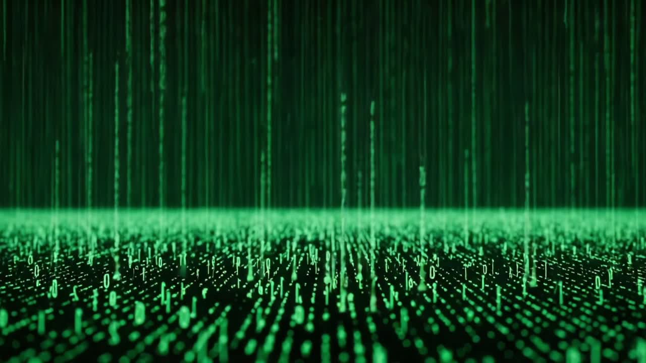 A Dynamic Visualization of Binary Code Streaming in a Digital Space, Highlighting the Flow of Information Represented by Cascading Green Numbers