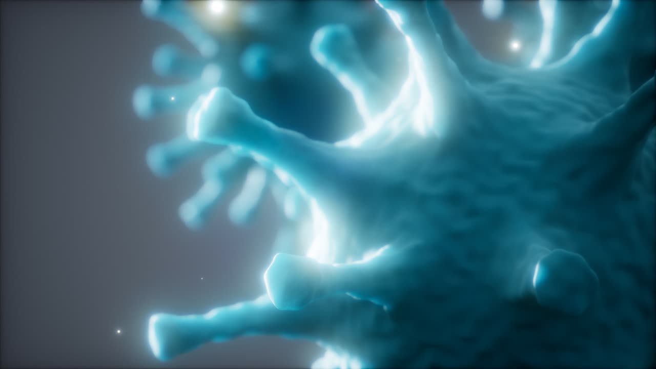 Batteri, virus o germi, cellule di microrganismi al microscopio con profondità