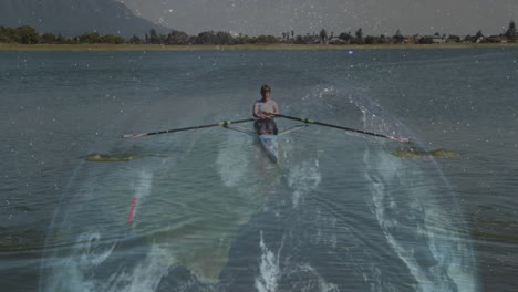 woman rowing single scull with oars on calm lake, displaying fitness graphs floating above ripples