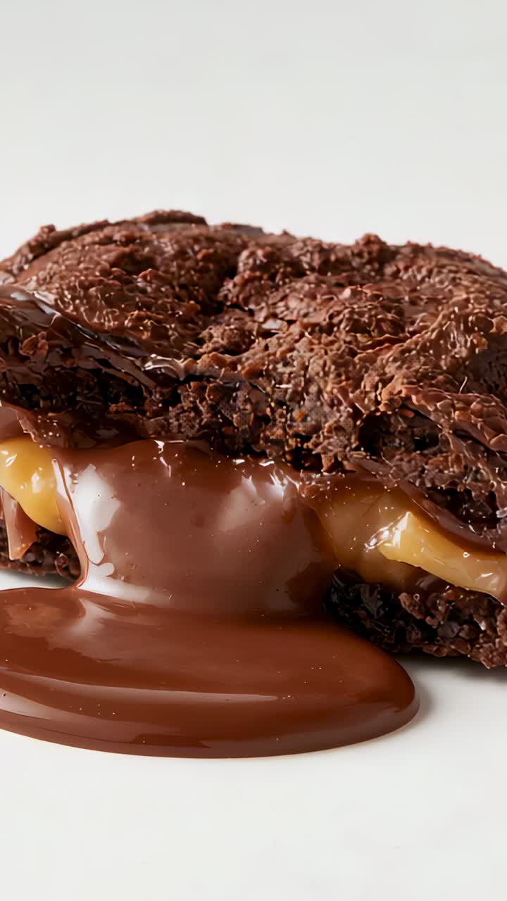 Vertical video: Pouring from left, chocolate stream coating brownie on white plate showing caramel