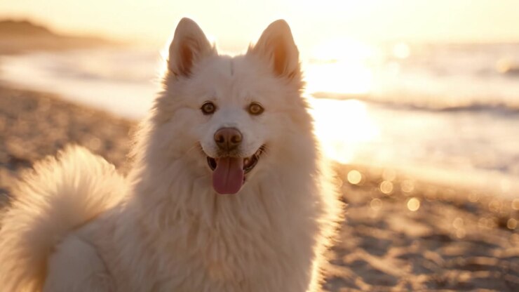 A Joyful Samoyed Enjoys a Golden Sunset at the Beach, Radiating Happiness and Playfulness While Capturing the Essence of a Perfect Day Outdoors