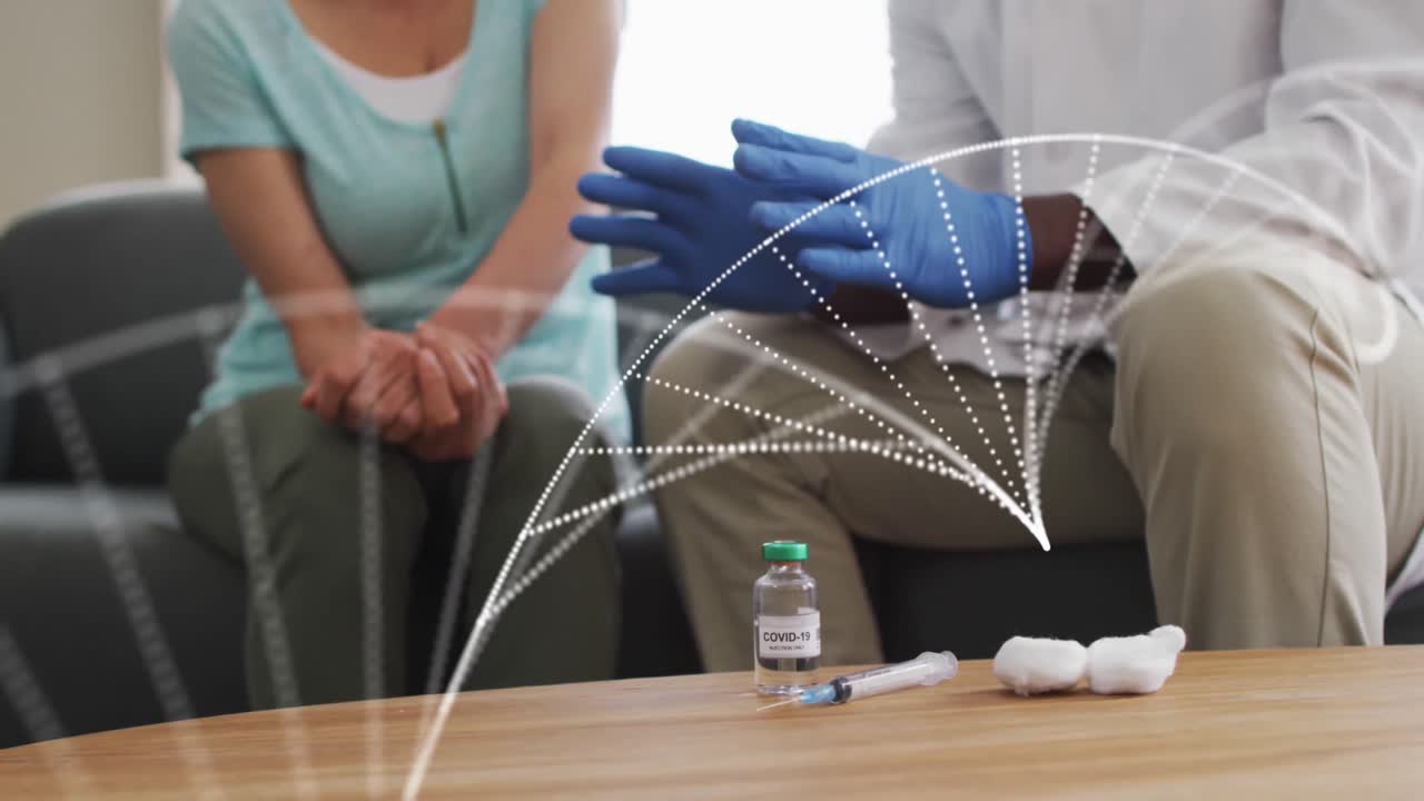 animación de la cadena de adn sobre diversos médicos y pacientes