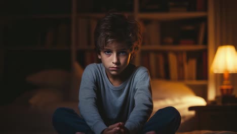 sad child sitting on bed in his dark bedroom at night, illuminated by a bedside lamp, with a bookshelf in the background, feeling lonely and abandoned