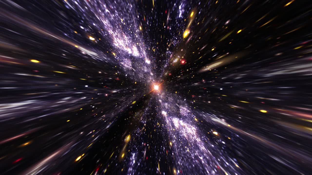 Flying star fields, many particles through hyper space warp tunnel with center flare light. 4K 3D Abstract visualizer seamless loop of flying Particles in tunnel.