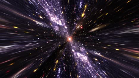 flying star fields, many particles through hyper space warp tunnel with center flare light. 4k 3d abstract visualizer seamless loop of flying particles in tunnel.