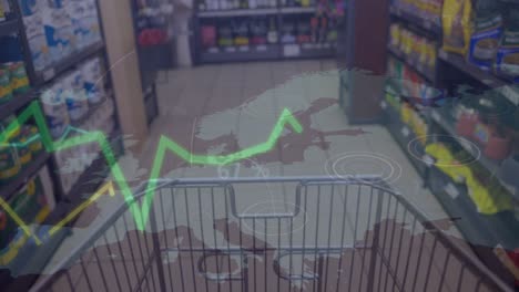 Animation-of-graphs,-changing-numbers-and-map,-overhead-view-of-shopping-cart-in-supermarket