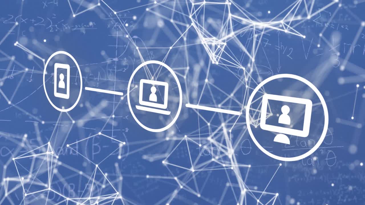 파란색 배경에 아이콘, 별자리 및 수학 공식으로 연결된 애니메이션