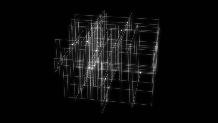 White network connections, vertical and horizontal lines, dots connecting with lines, network rotating slowly on black background