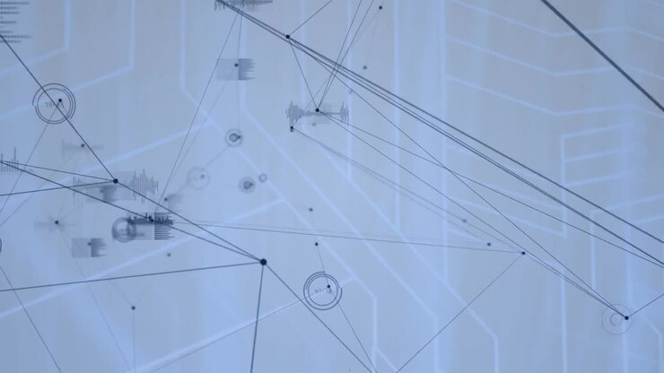 Digital animation of network of connections against microprocessor connections on grey background
