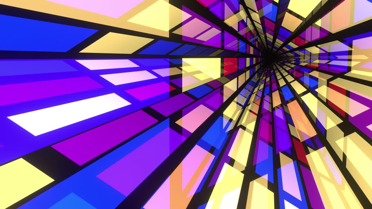 movimiento suave a través de un túnel divertido pintado en cuadrados de colores brillantes. para conciertos y vacaciones, para videos y vj. animación de bucle sin pausas.