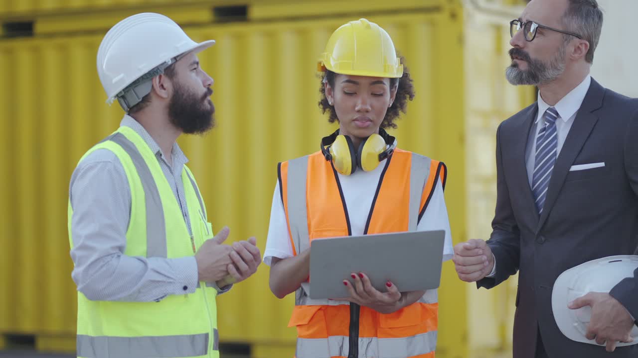 ejecutivo, gerente o inversor y ingeniero profesional masculino y femenino se reúnen, hablan y comparten ideas sobre nuevas inversiones en proyectos o proceso de carga y envío de carga en la computadora portátil en el patio de contenedores de carga.