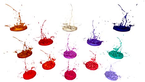 3d splashes of paint dance in 4k on white background. simulation of splashes of ink on a musical speaker that play music. v15