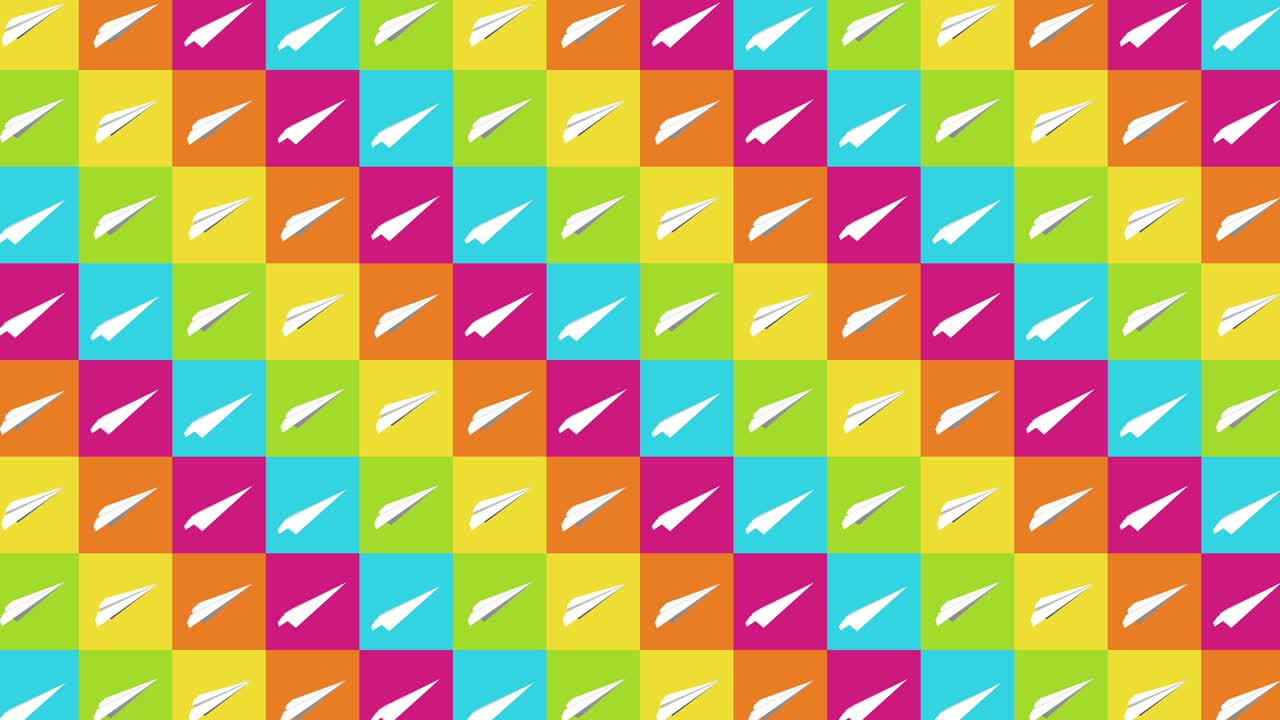 colección de aviones de papel hechos a mano. animación de bucle de avión de papel blanco que fluye sobre un fondo colorido. concepto de conexión de negocios. avión de origami volando.