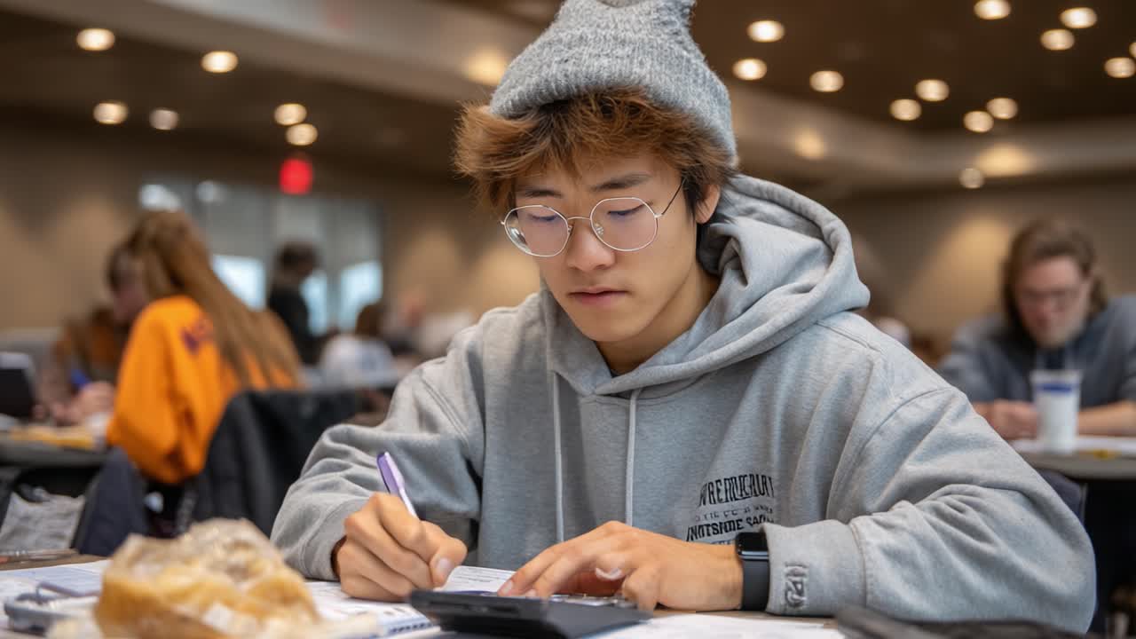Focused Student Engaged in Study at a Quiet Study Hall, Analyzing Data and Taking Notes with Calculator during a Study Session in a Bright Learning Environment