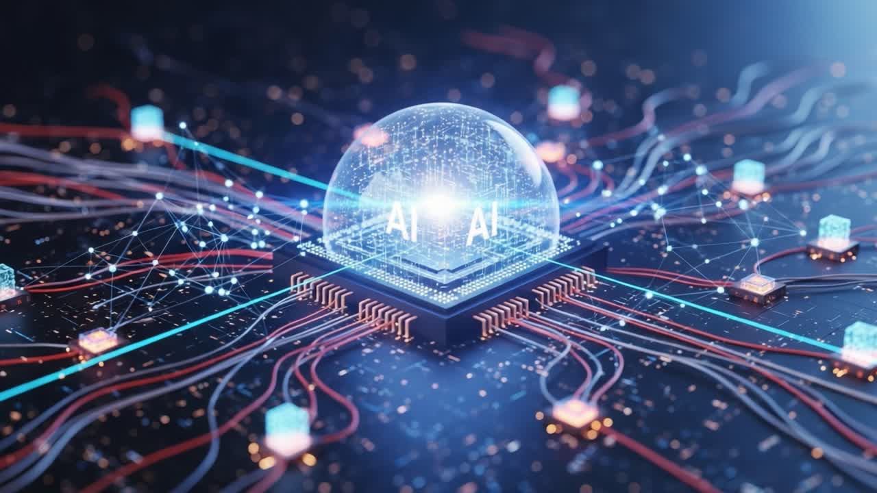 An intricate visualization of a microchip embedded with artificial intelligence, showcasing a network of connections that highlight the advancements in technology and computing capabilities