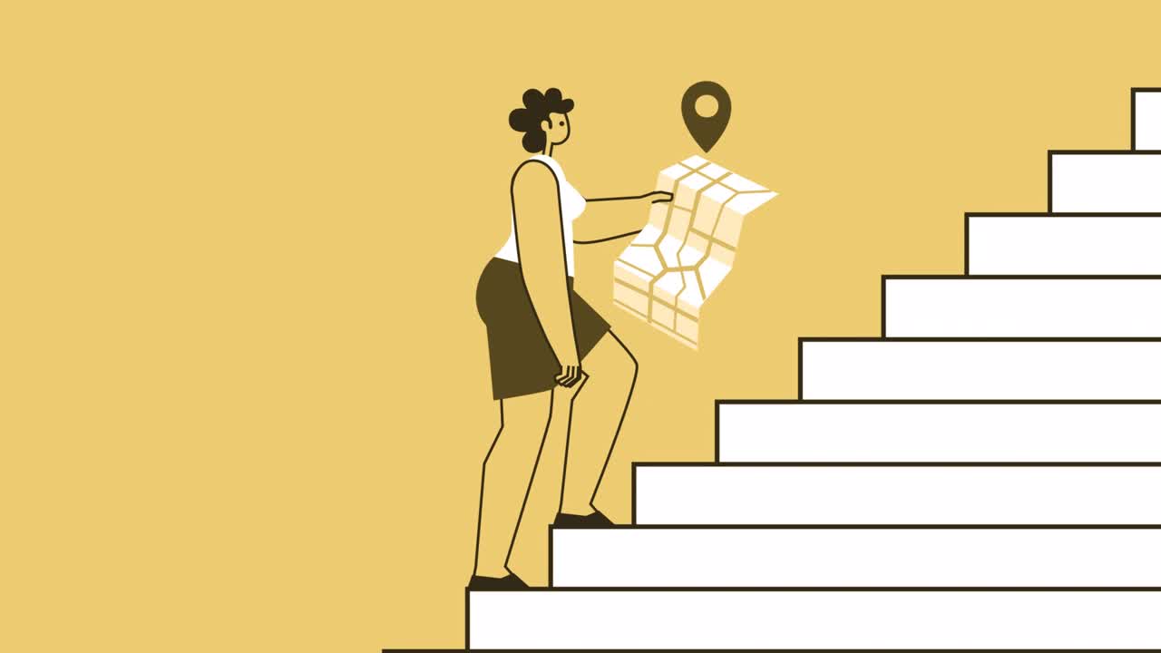 노란색 스타일의 여성 평평한 캐릭터는 gps 지도로 계단을 올라갑니다. 알파 채널과 함께 고립된 루프 애니메이션