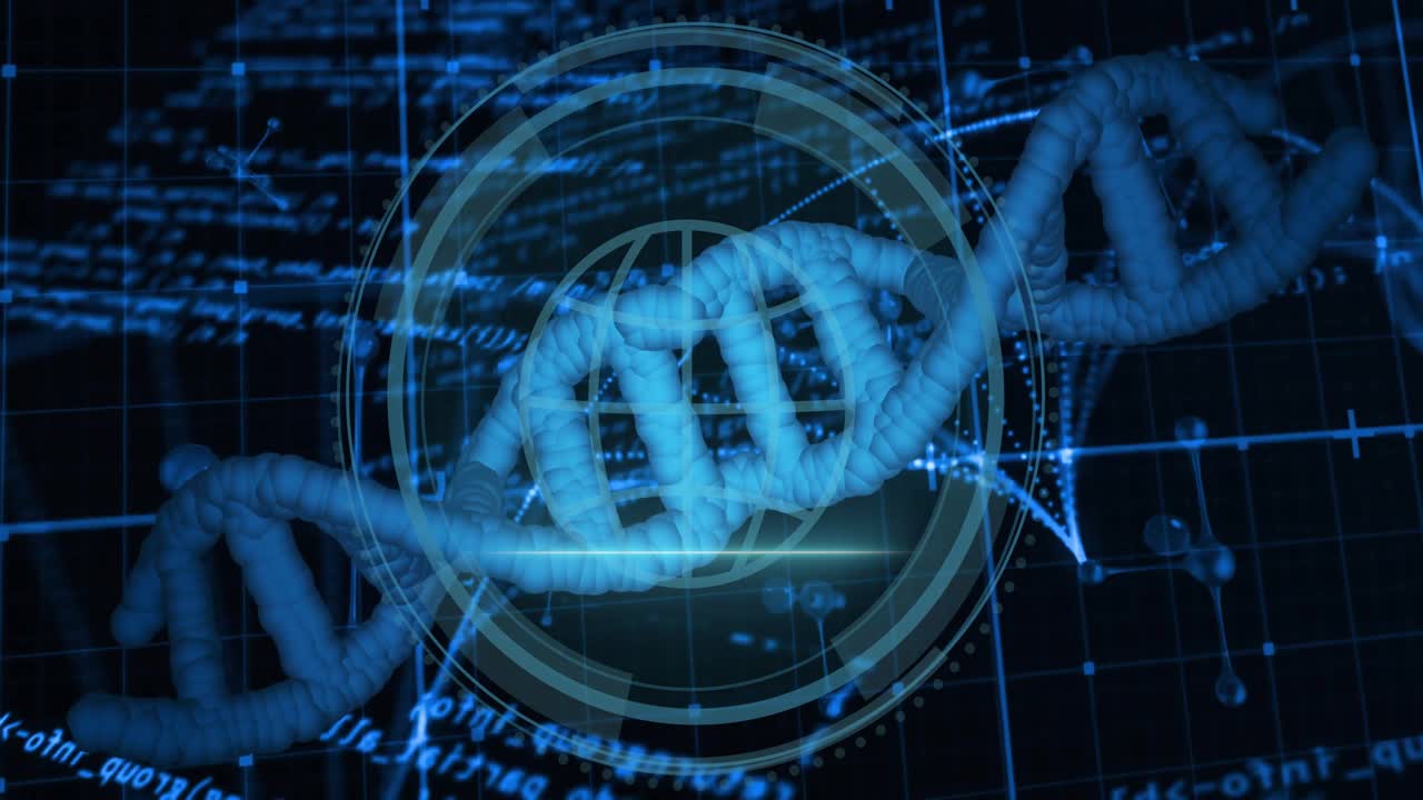 Double helix emerging rotating as code streaming and HUD reticle pulsing to represent data security