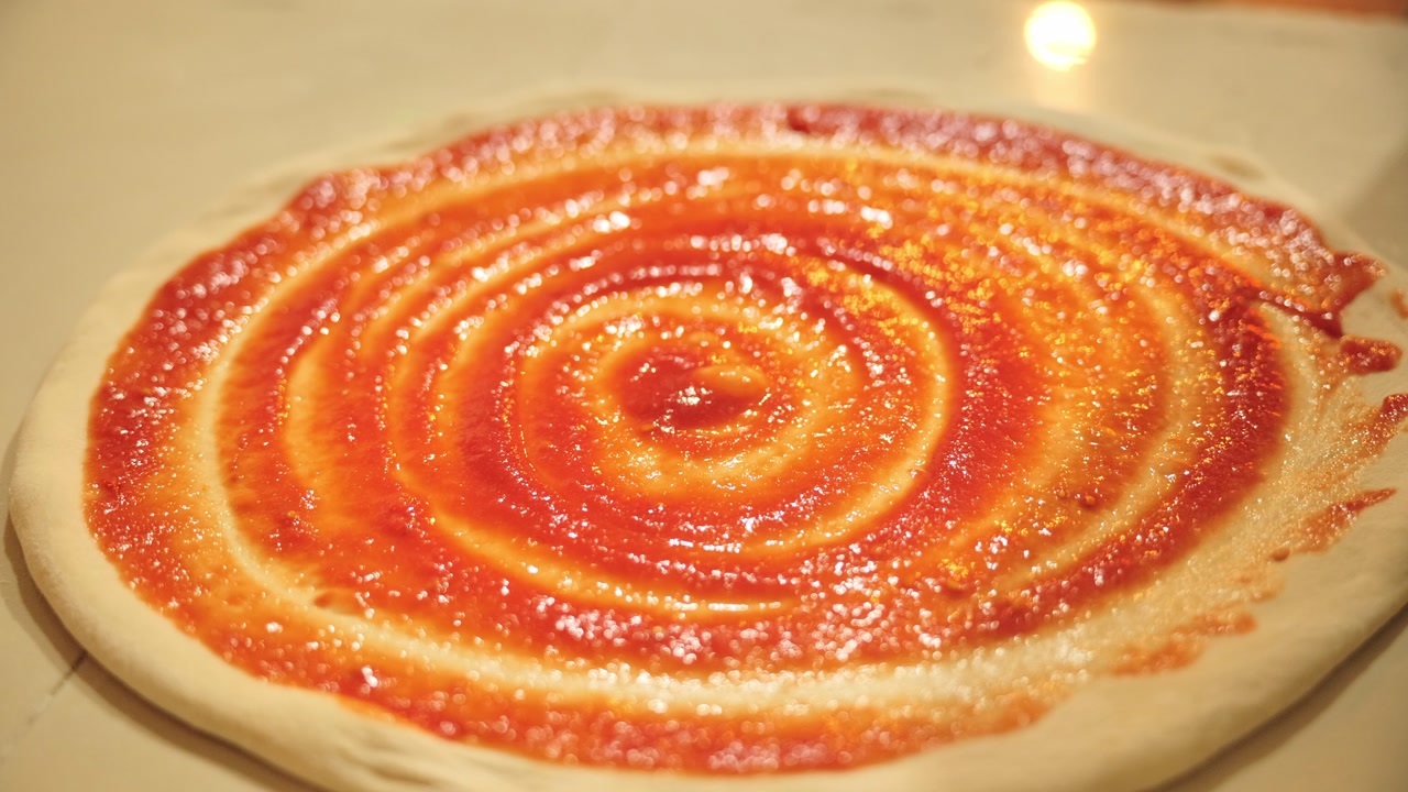 Spreading tomato sauce on pizza dough followed by adding cheese, cooking process