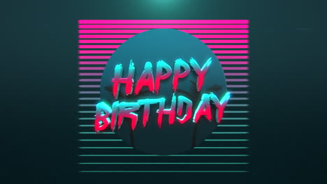 feliz cumpleaños con luz de neón y palmeras en la noche