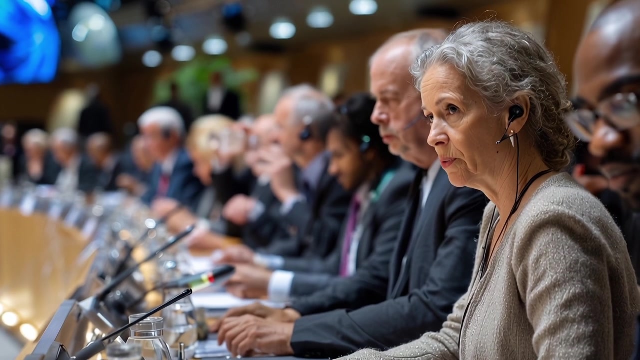 Donna concentrata che parla durante una sessione di conferenza.