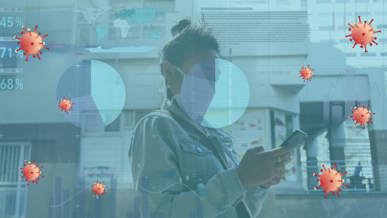 Animation of data processing over biracial woman with face mask using smartphone