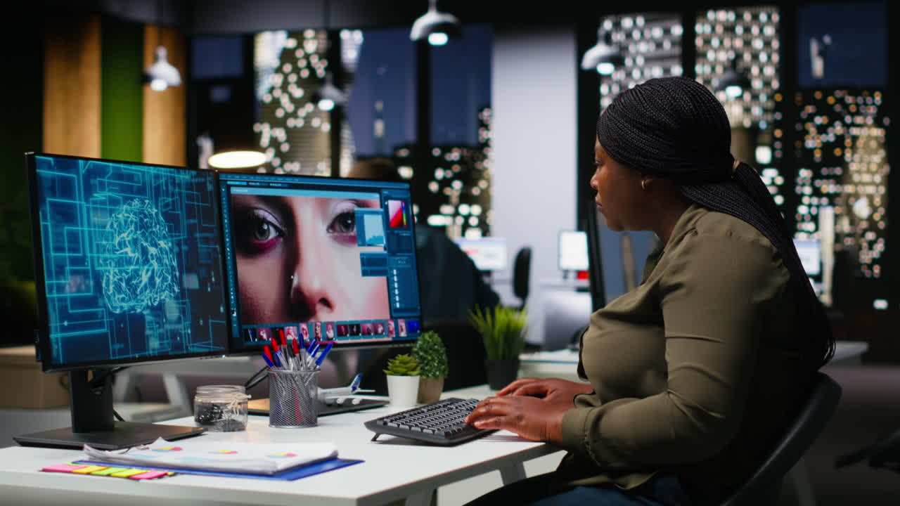 African american photo editor uses AI neural networks for retouching content