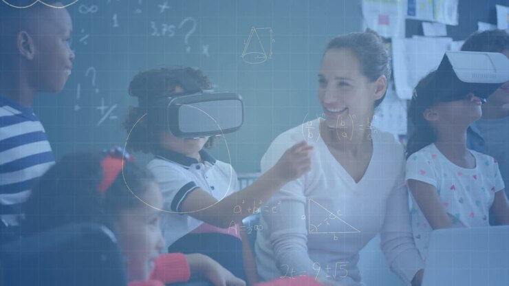 Mathematical equations against caucasian female teacher smiling and students wearing vr headsets