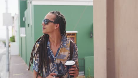 mixed race man walking in the street